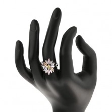 Prsten ve stříbrném odstínu, velký květ s barevnými a čirými lupínky