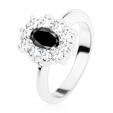 Prsten stříbrné barvy, černý oválný zirkon lemovaný kulatými čirými zirkonky