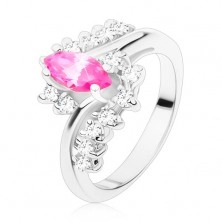 Prsten ve stříbrném odstínu s růžovým zrnkem a čirými zirkony, zahnutá ramena