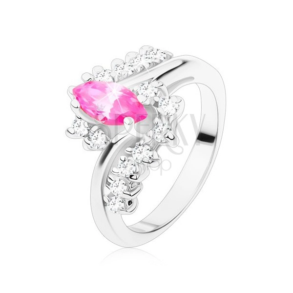 Prsten ve stříbrném odstínu s růžovým zrnkem a čirými zirkony, zahnutá ramena