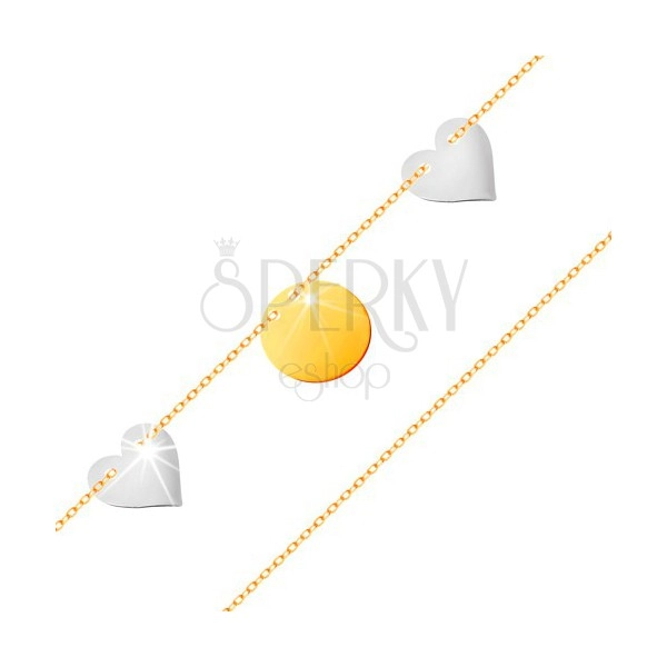 Zlatý náramek 585 - tenký řetízek, lesklý plochý kruh, dvě srdce z bílého zlata