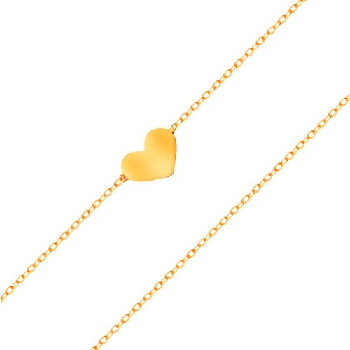 Náramek ze žlutého 14K zlata - malé souměrné a ploché srdce, jemný řetízek