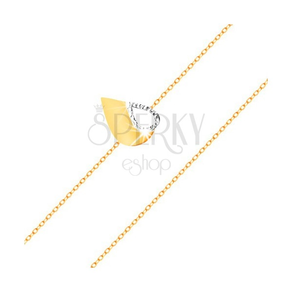 Zlatý 14K náramek - tenký řetízek, dvoubarevná plochá slza s výřezem