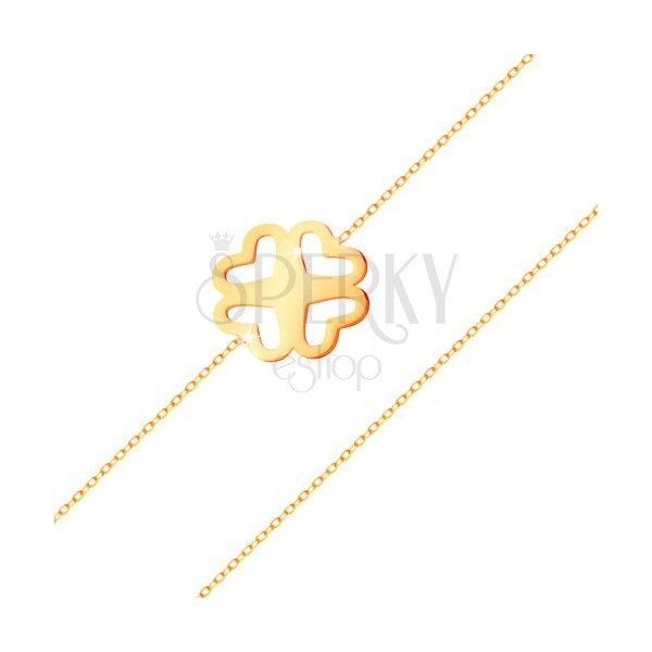 Náramek ze žlutého zlata 585 - tenký řetízek, vyřezávaný čtyřlístek