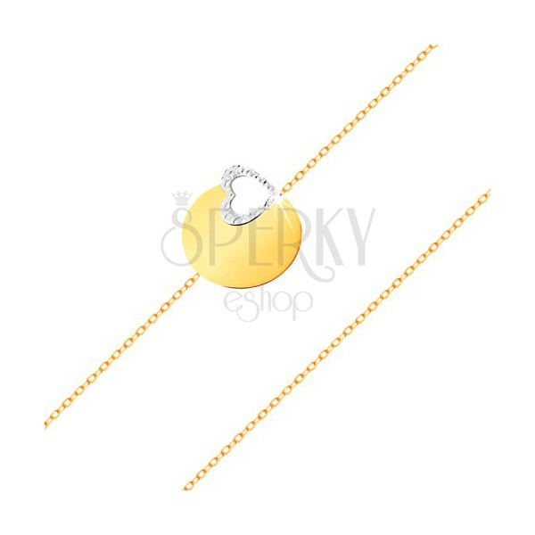 Zlatý 14K náramek - jemný řetízek, lesklý plochý kruh, kontura srdce z bílého zlata