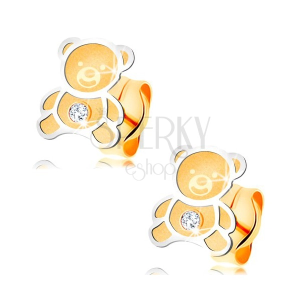 Zlaté náušnice 585 - dvoubarevný medvídek s matným povrchem, lesklá kontura
