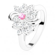 Prsten ve stříbrném odstínu, čirý kvítek s barevným středem, lesklé oblouky
