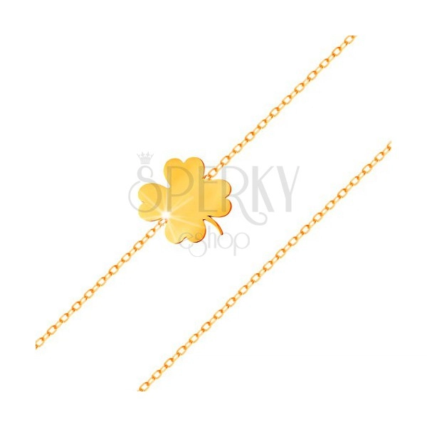 Náramek ve žlutém 14K zlatě - lesklý čtyřlístek, tenký řetízek z oválných oček