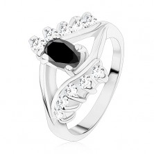 Lesklý prsten ve stříbrné barvě, hladké a zirkonové linie, černý ovál