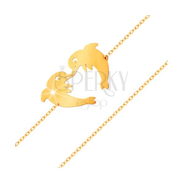 Zlatý náramek 585 - dva delfíni tvořící konturu srdíčka, jemný řetízek