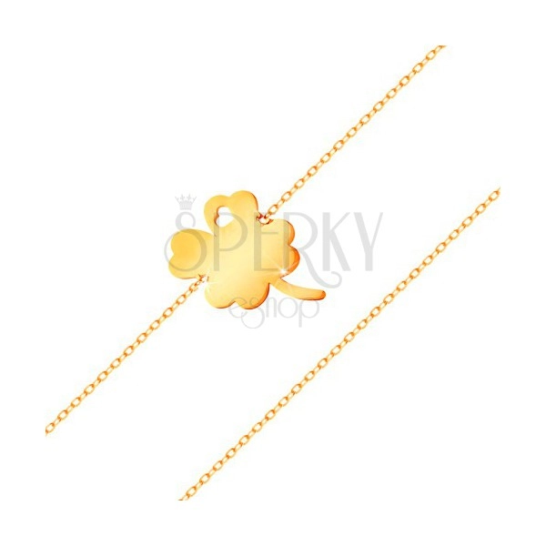 Náramek ze žlutého 14K zlata - čtyřlístek s výřezem ve tvaru srdíčka, lesklý řetízek