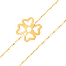 Náramek ze žlutého zlata 585 - symbol štěstí, čtyřlístek s výřezy, lesklý řetízek