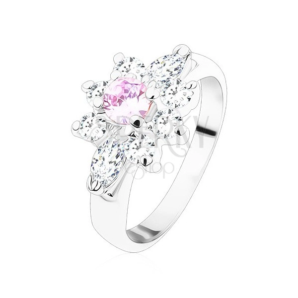 Prsten ve stříbrném odstínu, zářivý kvítek ze zirkonů čiré a světle fialové barvy