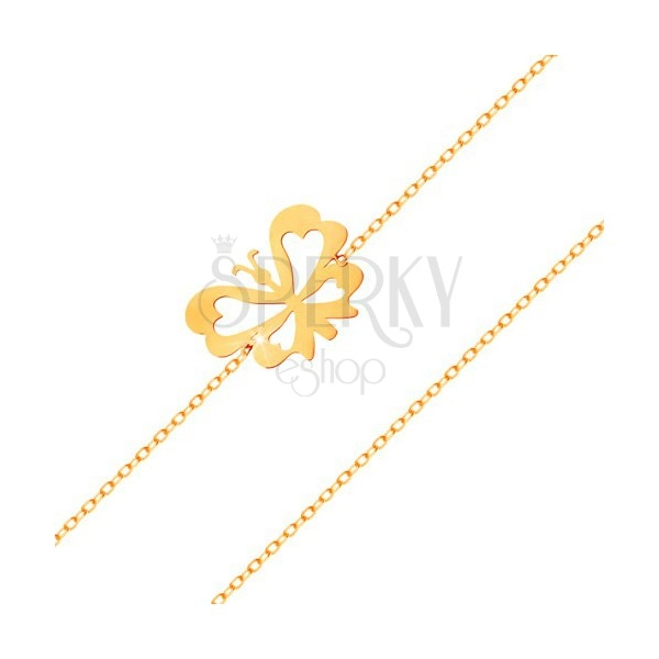 Náramek ve žlutém 14K zlatě - jemný řetízek, plochý motýlek s vyřezávanými křídly