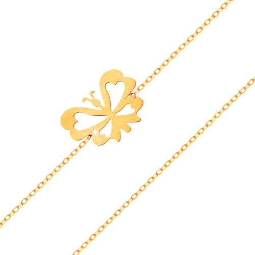 Náramek ve žlutém 14K zlatě - jemný řetízek, plochý motýlek s vyřezávanými křídly
