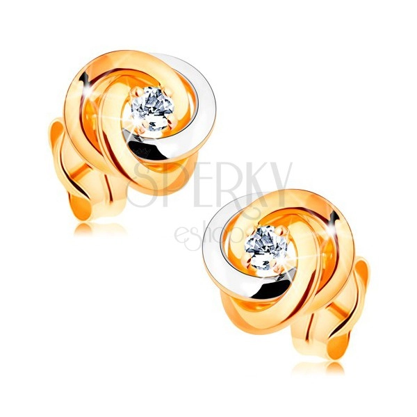 Zlaté 14K náušnice - dvoubarevný uzel ze tří kroužků, kulatý čirý zirkon uprostřed