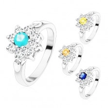 Prsten ve stříbrném odstínu, zirkonový květ s barevným středem, lístečky