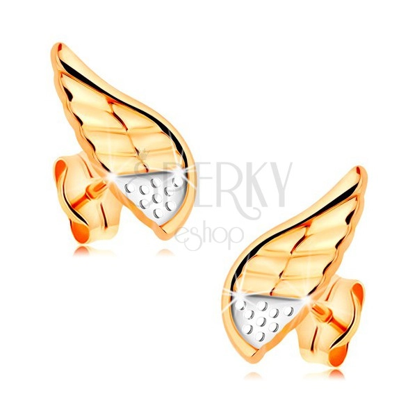 Náušnice v kombinovaném 14K zlatě - blýskavé andělské křídlo s tečkami a zářezy