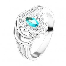 Lesklý prsten s rozvětvenými rameny, barevné zirkonové zrnko, obloučky
