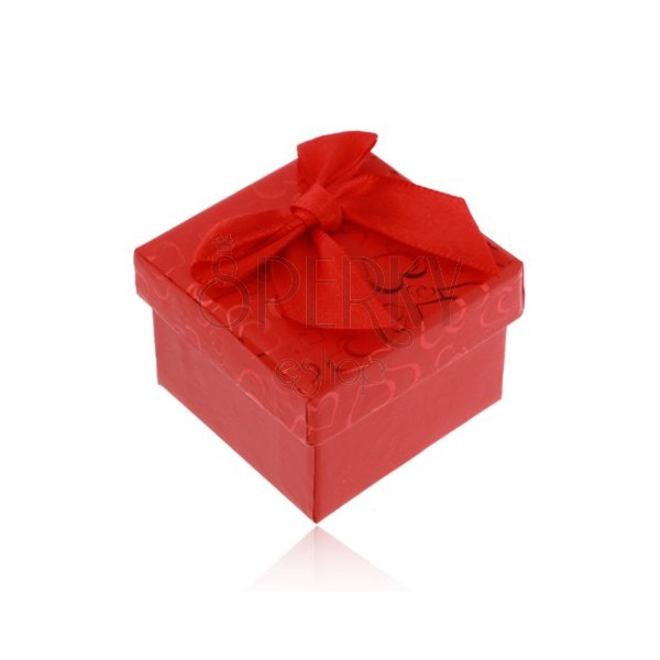 Červená krabička na prsten, náušnice nebo přívěsek, srdíčka, mašle