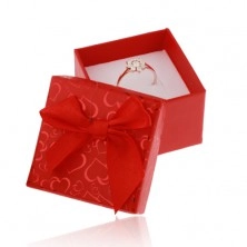 Červená krabička na prsten, náušnice nebo přívěsek, srdíčka, mašle