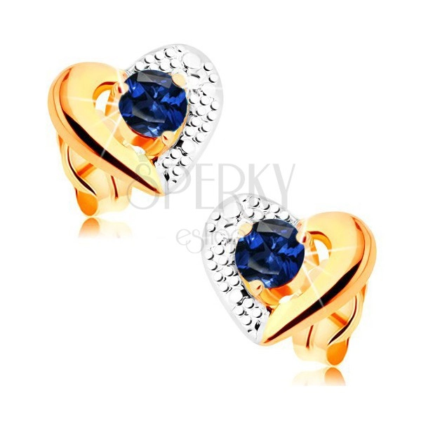Zlaté náušnice 585 - dvoubarevný obrys srdce, gravírování, modrý safír