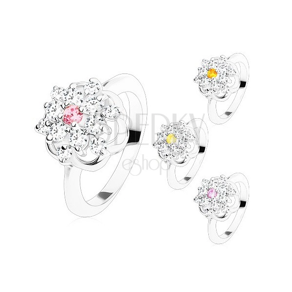 Zářivý prsten s lesklými rameny, broušené barevné zirkony, kontura květu