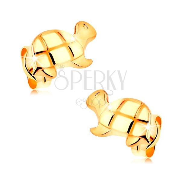 Zlaté puzetové náušnice 585 - lesklá želva s gravírovanými detaily