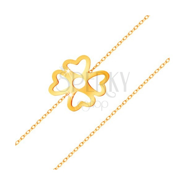 Náramek ze žlutého zlata 585 - čtyřlístek pro štěstí s výřezy, lesklý řetízek