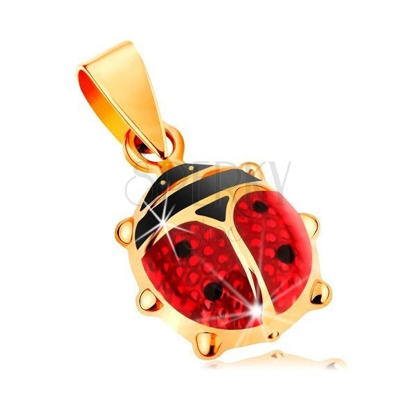 Zlatý 14K přívěsek - větší vypouklá beruška pokrytá červenou a černou glazurou