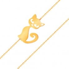 Zlatý náramek 585 - jemný blýskavý řetízek, plochý přívěsek - kočička