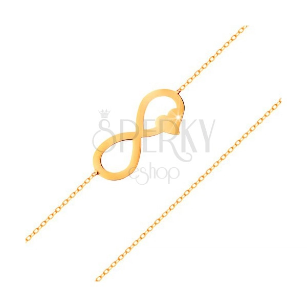 Zlatý náramek 585 - tenký řetízek, plochý symbol nekonečna se srdíčkem