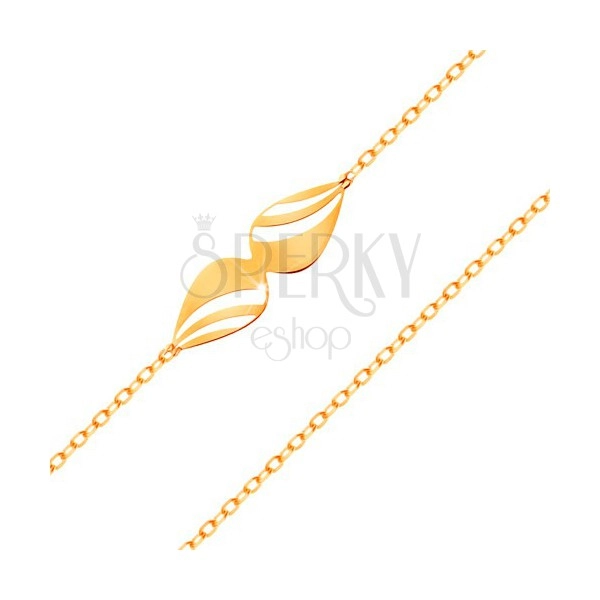 Náramek ze žlutého 14K zlata - tenký řetízek, mašlička z vyřezávaných slz