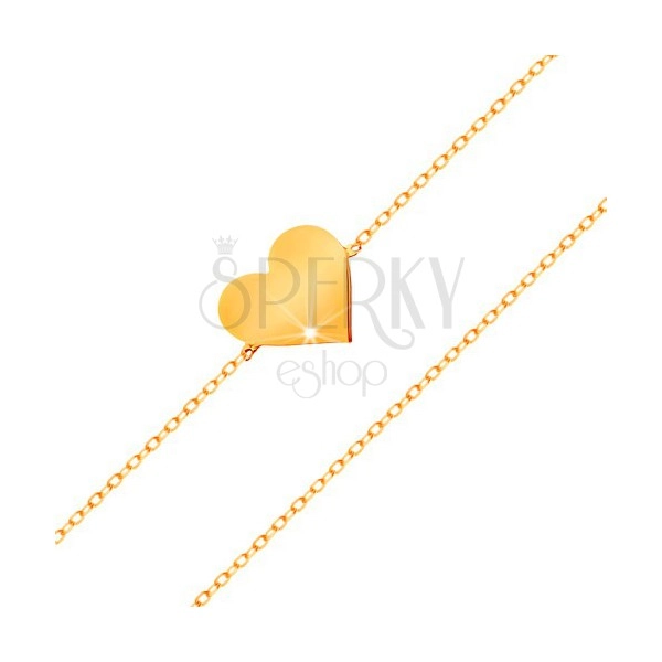 Náramek ve žlutém 14K zlatě - blýskavý tenký řetízek, přívěsek - ploché srdíčko