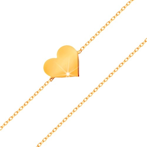 Levně Náramek ve žlutém 14K zlatě - blýskavý tenký řetízek, přívěsek - ploché srdíčko