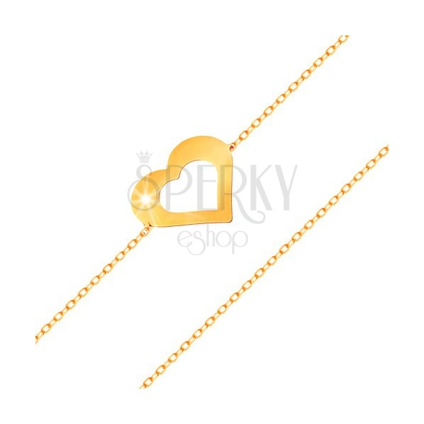 Náramek ve žlutém 14K zlatě - jemný řetízek, plochý obrys srdce, lesklý hladký povrch