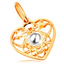 Přívěsek ve žlutém zlatě 585 - srdce zdobené obrysy srdíček a bílou perlou uprostřed