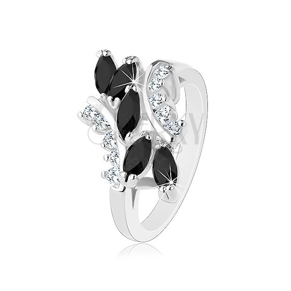 Prsten ve stříbrném odstínu, broušená zrnka černé barvy, čiré zirkony