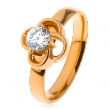 Lesklý ocelový prsten ve zlatém odstínu, obrys kvítku s čirým zirkonem