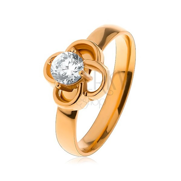 Lesklý ocelový prsten ve zlatém odstínu, obrys kvítku s čirým zirkonem