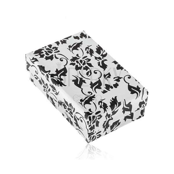 Bílá dárková krabička na prsten a náušnice, černý motiv květů a listů