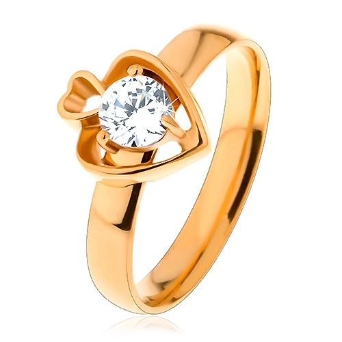 Ocelový prsten zlaté barvy, dva obrysy srdcí a kulatý čirý zirkon - Velikost: 60