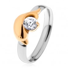 Ocelový prsten stříbrné a zlaté barvy, delfín a třpytivý čirý zirkon