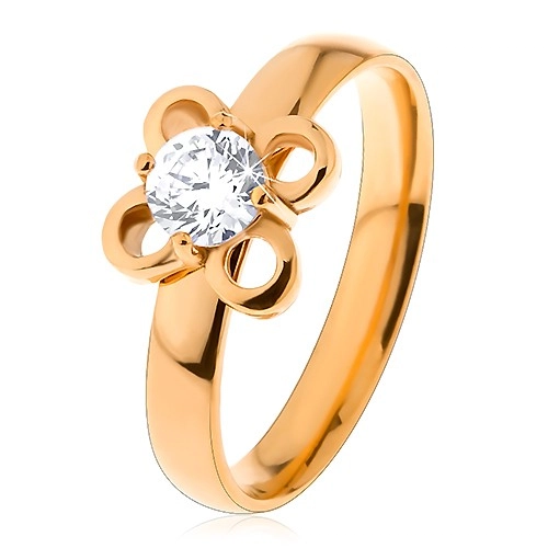 Prsten z chirurgické oceli ve zlatém odstínu, kvítek s čirým zirkonem - Velikost: 52