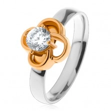 Ocelový prsten ve stříbrném odstínu, kvítek zlaté barvy s čirým zirkonem