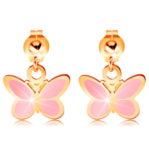Zlaté náušnice 585 - lesklá kulička a visící růžový motýlek, glazura