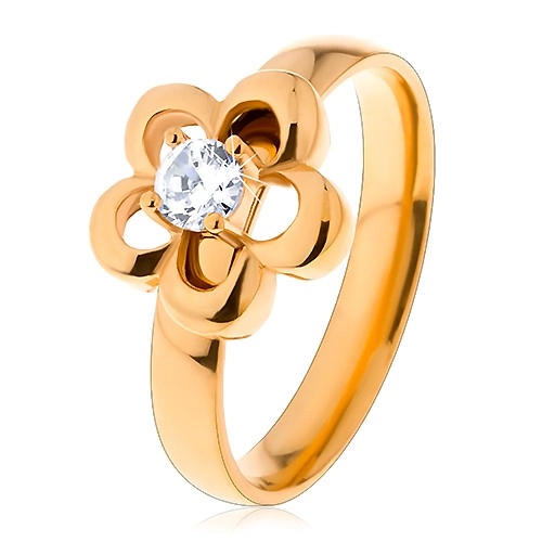 Ocelový prsten ve zlatém odstínu, kvítek, vyvýšený kulatý zirkon čiré barvy - Velikost: 54