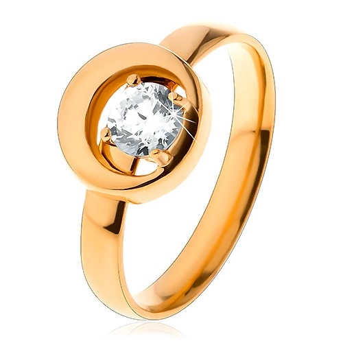 Prsten z oceli 316L ve zlatém odstínu, kulatý čirý zirkon v kruhu s výřezem - Velikost: 59