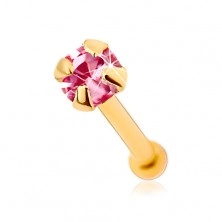 Zlatý 375 piercing do nosu, rovný - blýskavý zirkonek růžové barvy, 1,5 mm