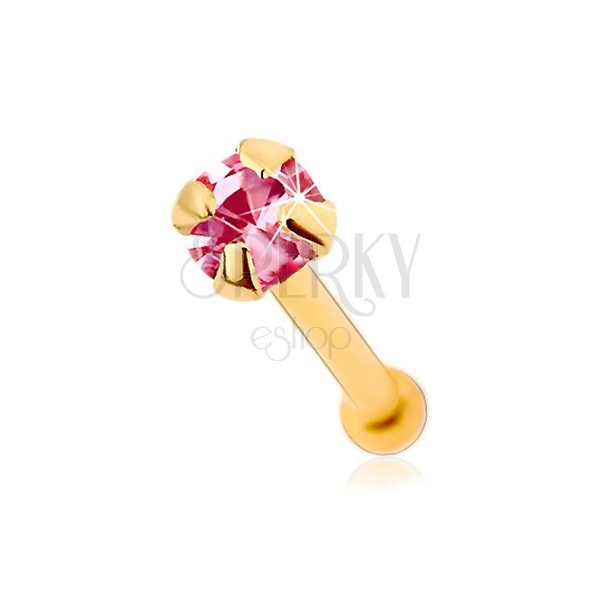 Zlatý 375 piercing do nosu, rovný - blýskavý zirkonek růžové barvy, 1,5 mm